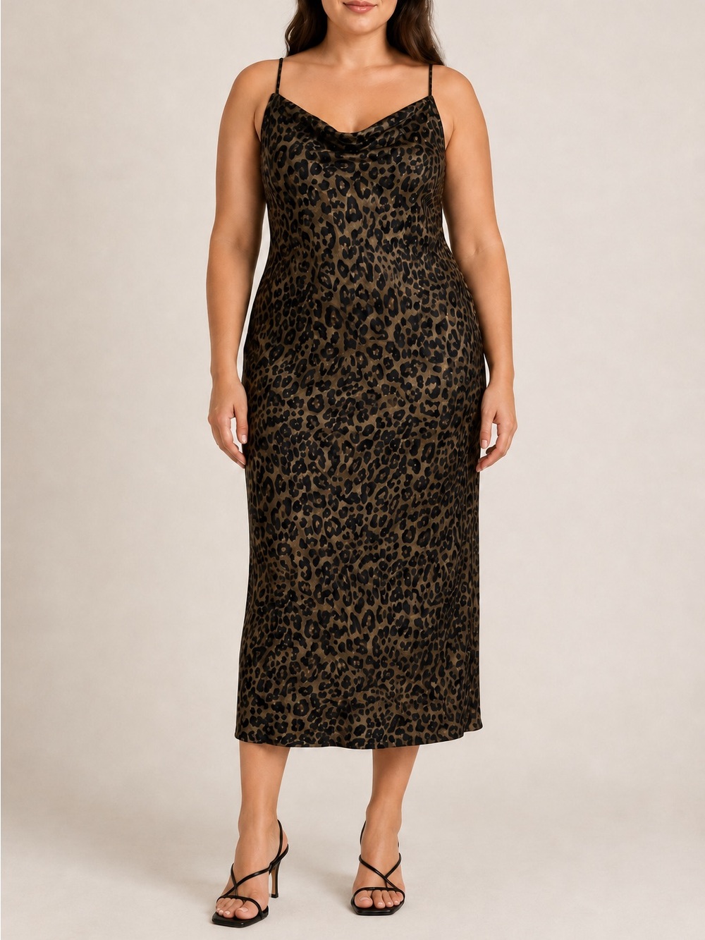 Zara Olive Green Leopard Print Satin Cowl Neck Slip Midi Dress